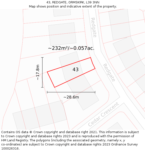 43, REDGATE, ORMSKIRK, L39 3NN: Plot and title map