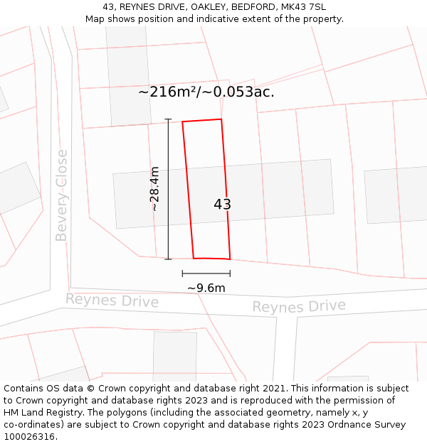 43, REYNES DRIVE, OAKLEY, BEDFORD, MK43 7SL: Plot and title map