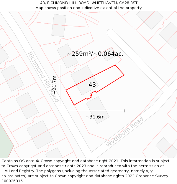43, RICHMOND HILL ROAD, WHITEHAVEN, CA28 8ST: Plot and title map