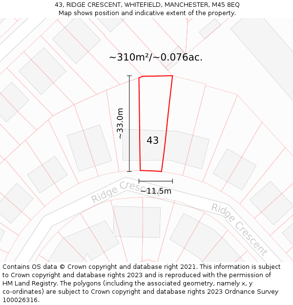 43, RIDGE CRESCENT, WHITEFIELD, MANCHESTER, M45 8EQ: Plot and title map