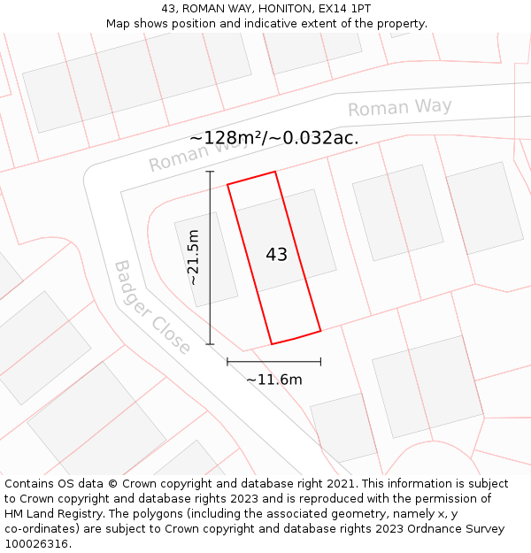 43, ROMAN WAY, HONITON, EX14 1PT: Plot and title map