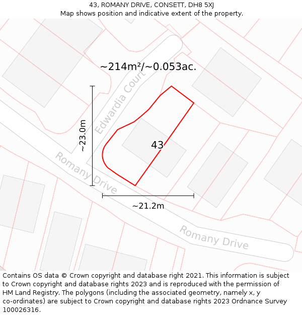 43, ROMANY DRIVE, CONSETT, DH8 5XJ: Plot and title map