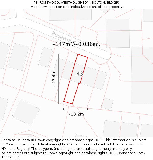 43, ROSEWOOD, WESTHOUGHTON, BOLTON, BL5 2RX: Plot and title map