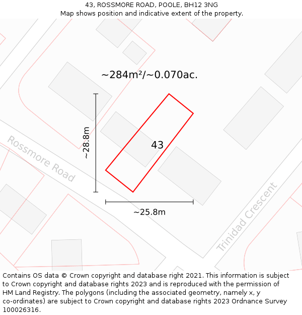 43, ROSSMORE ROAD, POOLE, BH12 3NG: Plot and title map