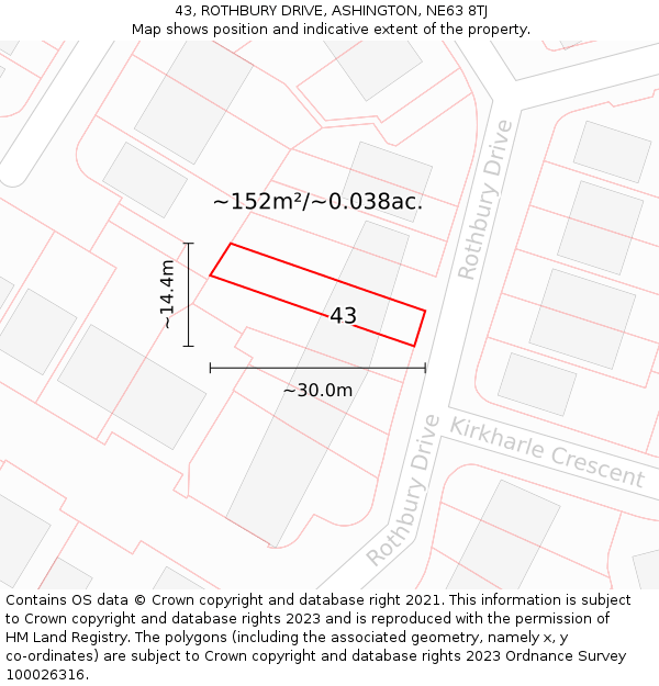 43, ROTHBURY DRIVE, ASHINGTON, NE63 8TJ: Plot and title map