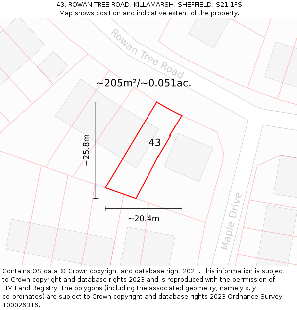 43, ROWAN TREE ROAD, KILLAMARSH, SHEFFIELD, S21 1FS: Plot and title map