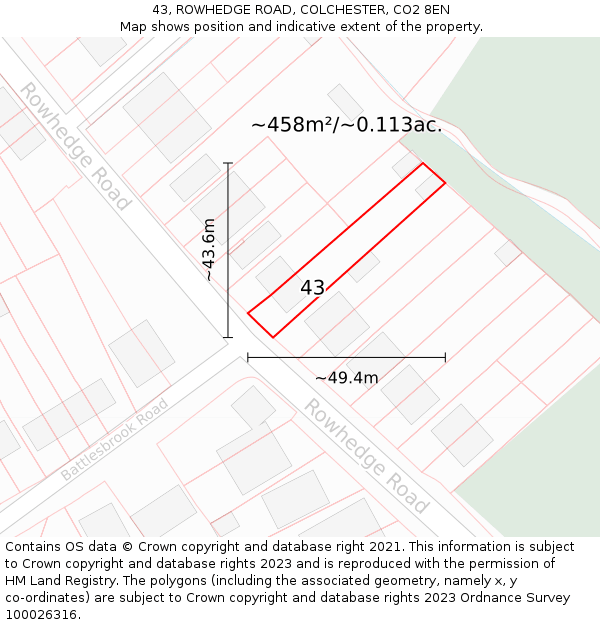 43, ROWHEDGE ROAD, COLCHESTER, CO2 8EN: Plot and title map