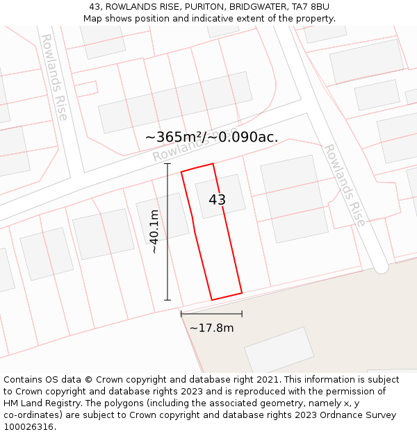 43, ROWLANDS RISE, PURITON, BRIDGWATER, TA7 8BU: Plot and title map