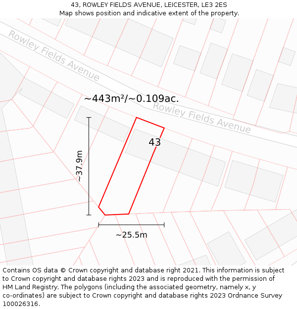 43, ROWLEY FIELDS AVENUE, LEICESTER, LE3 2ES: Plot and title map