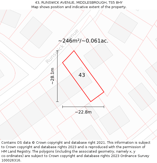 43, RUNSWICK AVENUE, MIDDLESBROUGH, TS5 8HY: Plot and title map