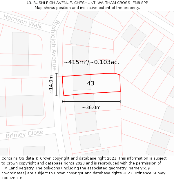 43, RUSHLEIGH AVENUE, CHESHUNT, WALTHAM CROSS, EN8 8PP: Plot and title map