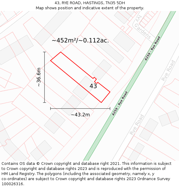 43, RYE ROAD, HASTINGS, TN35 5DH: Plot and title map