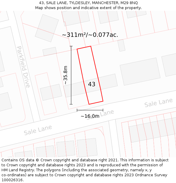 43, SALE LANE, TYLDESLEY, MANCHESTER, M29 8NQ: Plot and title map