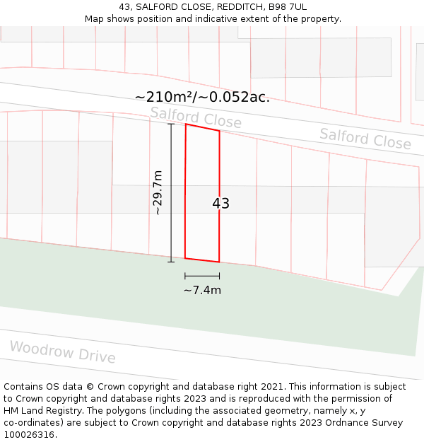 43, SALFORD CLOSE, REDDITCH, B98 7UL: Plot and title map