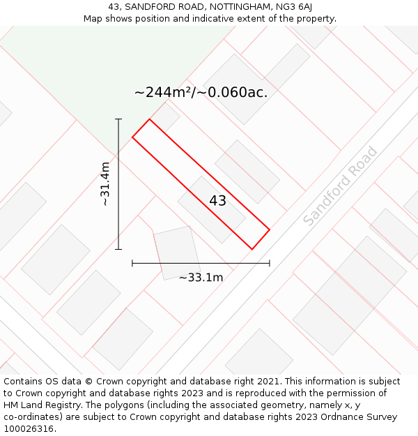 43, SANDFORD ROAD, NOTTINGHAM, NG3 6AJ: Plot and title map