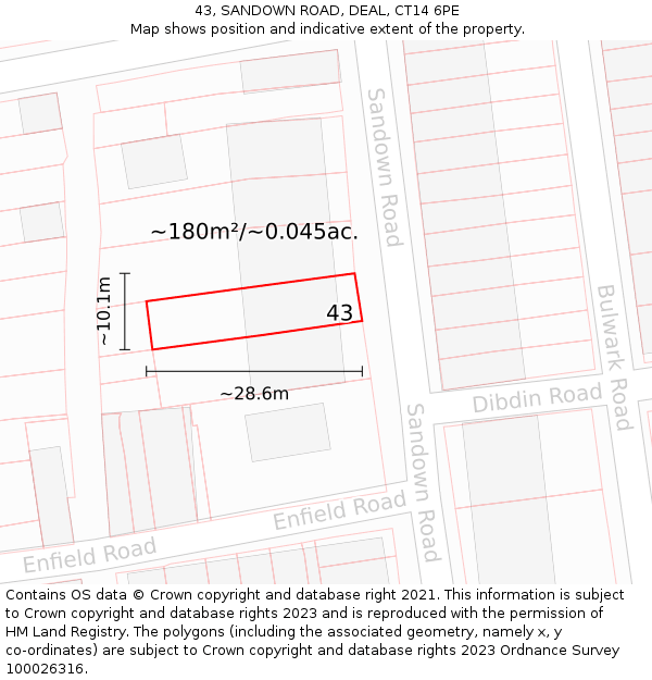 43, SANDOWN ROAD, DEAL, CT14 6PE: Plot and title map