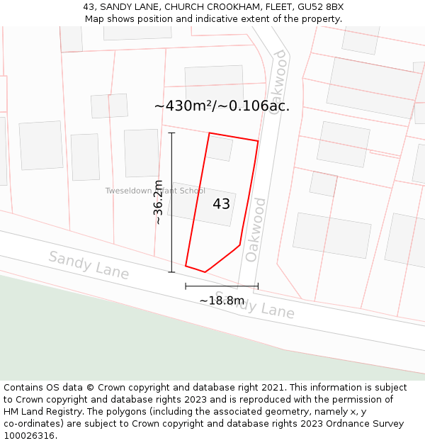 43, SANDY LANE, CHURCH CROOKHAM, FLEET, GU52 8BX: Plot and title map