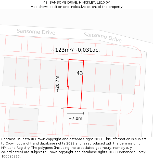 43, SANSOME DRIVE, HINCKLEY, LE10 0YJ: Plot and title map