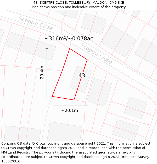 43, SCEPTRE CLOSE, TOLLESBURY, MALDON, CM9 8XB: Plot and title map