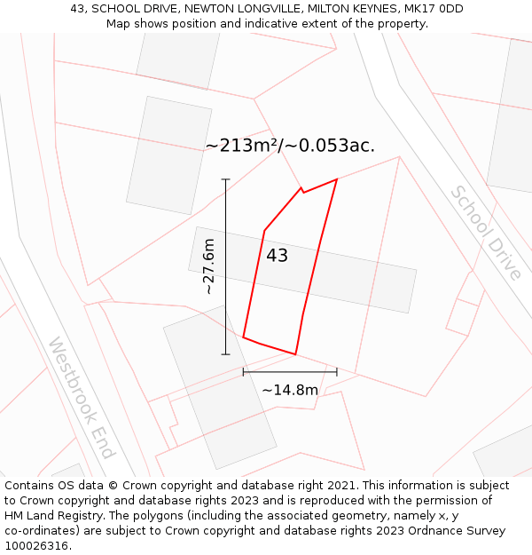 43, SCHOOL DRIVE, NEWTON LONGVILLE, MILTON KEYNES, MK17 0DD: Plot and title map