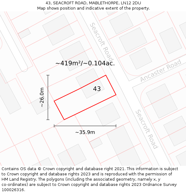 43, SEACROFT ROAD, MABLETHORPE, LN12 2DU: Plot and title map