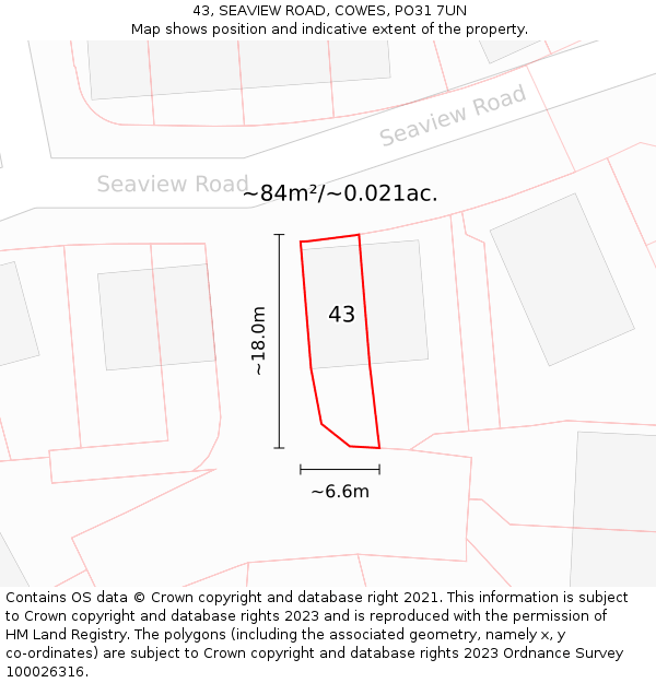 43, SEAVIEW ROAD, COWES, PO31 7UN: Plot and title map