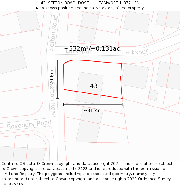 43, SEFTON ROAD, DOSTHILL, TAMWORTH, B77 1PN: Plot and title map