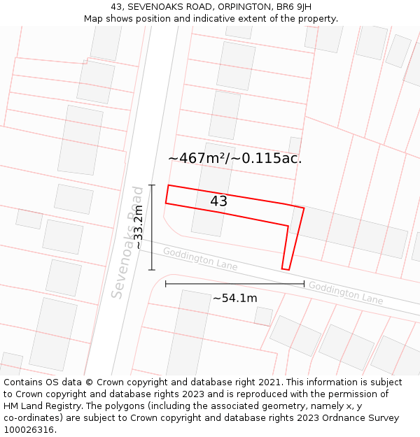 43, SEVENOAKS ROAD, ORPINGTON, BR6 9JH: Plot and title map