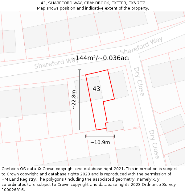 43, SHAREFORD WAY, CRANBROOK, EXETER, EX5 7EZ: Plot and title map