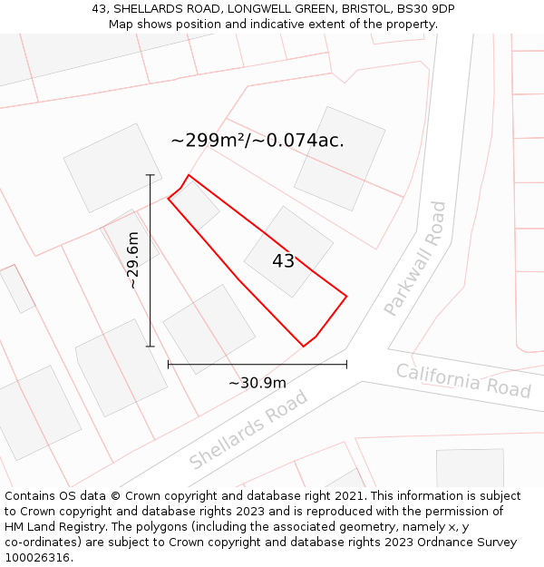 43, SHELLARDS ROAD, LONGWELL GREEN, BRISTOL, BS30 9DP: Plot and title map