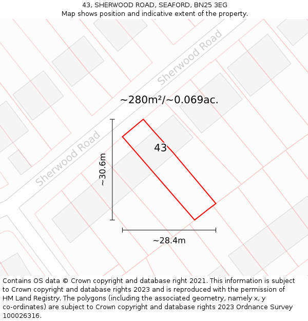 43, SHERWOOD ROAD, SEAFORD, BN25 3EG: Plot and title map