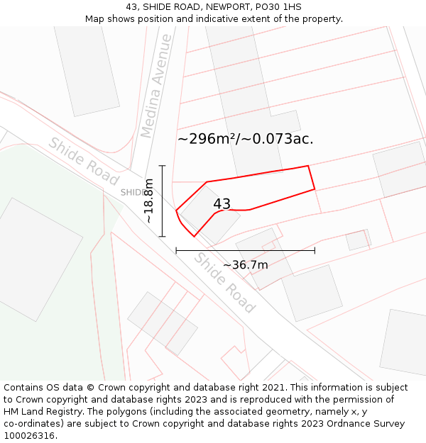 43, SHIDE ROAD, NEWPORT, PO30 1HS: Plot and title map