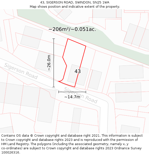 43, SIGERSON ROAD, SWINDON, SN25 1WA: Plot and title map