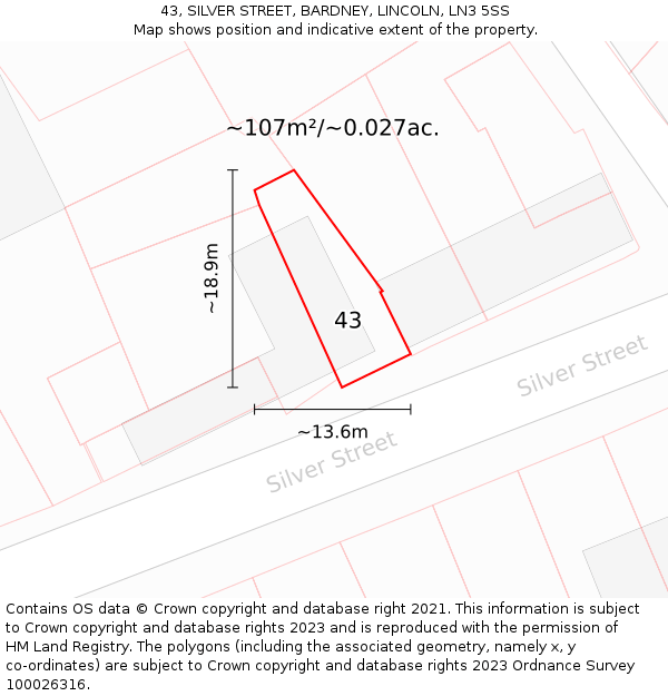 43, SILVER STREET, BARDNEY, LINCOLN, LN3 5SS: Plot and title map