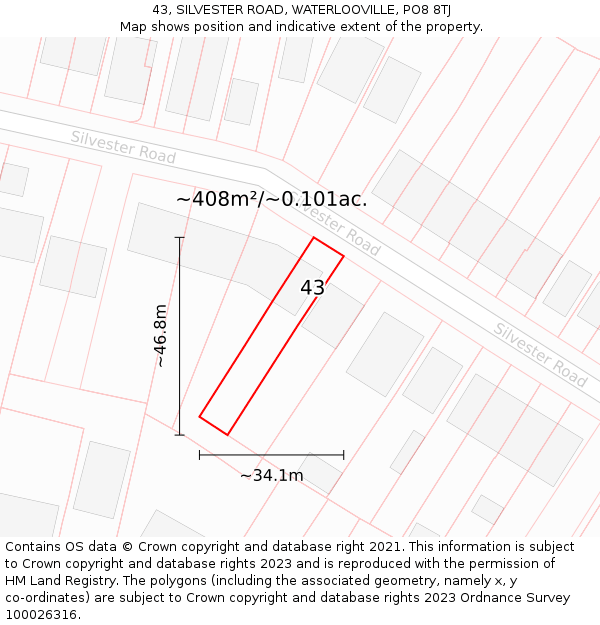 43, SILVESTER ROAD, WATERLOOVILLE, PO8 8TJ: Plot and title map