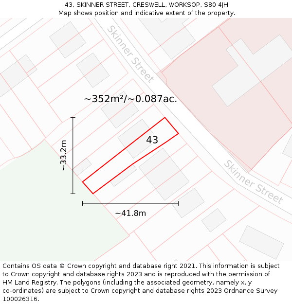 43, SKINNER STREET, CRESWELL, WORKSOP, S80 4JH: Plot and title map