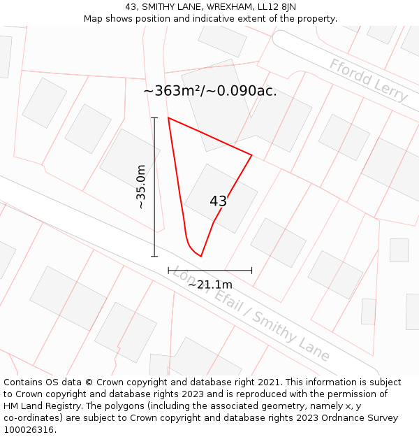 43, SMITHY LANE, WREXHAM, LL12 8JN: Plot and title map