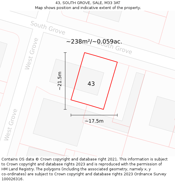 43, SOUTH GROVE, SALE, M33 3AT: Plot and title map