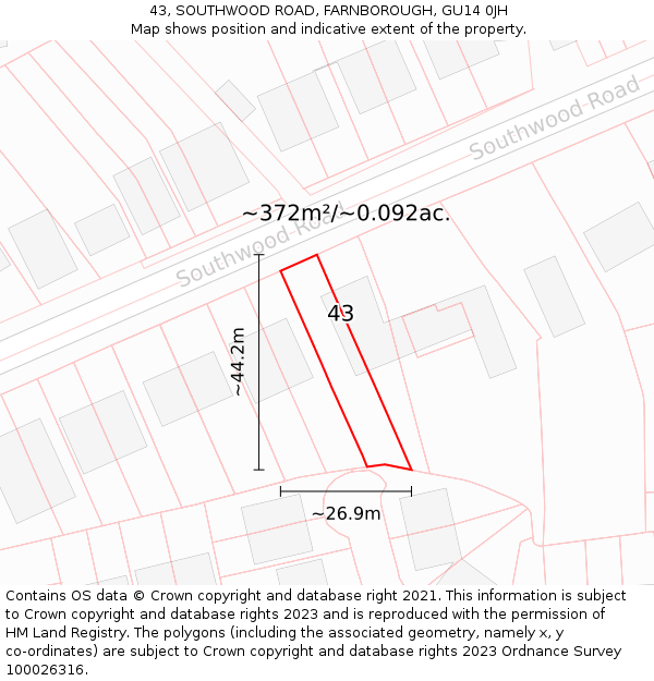 43, SOUTHWOOD ROAD, FARNBOROUGH, GU14 0JH: Plot and title map