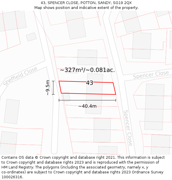 43, SPENCER CLOSE, POTTON, SANDY, SG19 2QX: Plot and title map