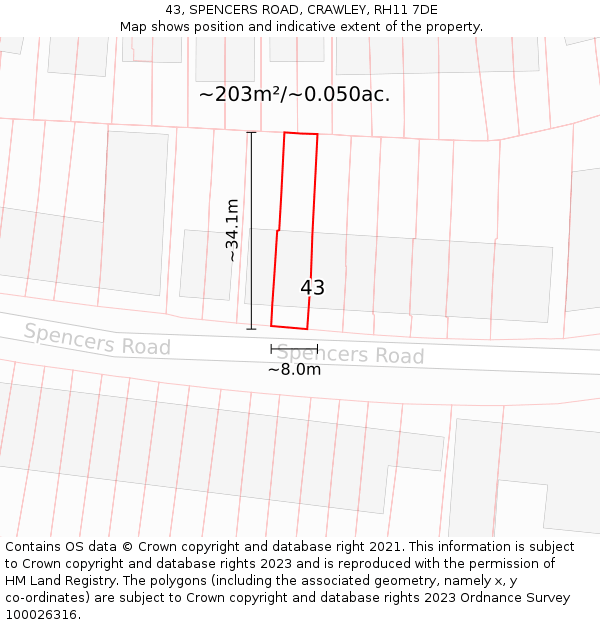 43, SPENCERS ROAD, CRAWLEY, RH11 7DE: Plot and title map