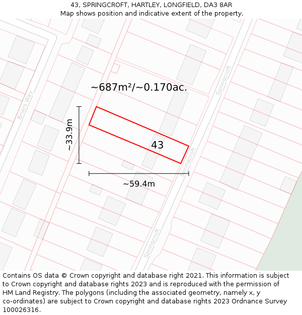43, SPRINGCROFT, HARTLEY, LONGFIELD, DA3 8AR: Plot and title map