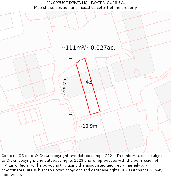 43, SPRUCE DRIVE, LIGHTWATER, GU18 5YU: Plot and title map