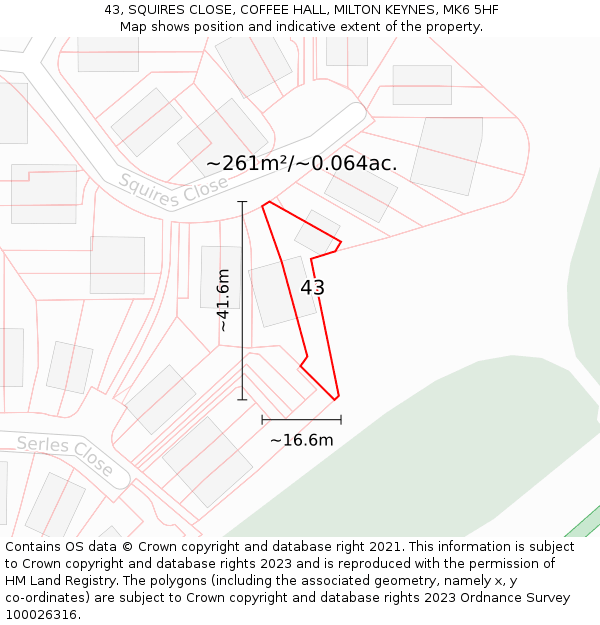 43, SQUIRES CLOSE, COFFEE HALL, MILTON KEYNES, MK6 5HF: Plot and title map