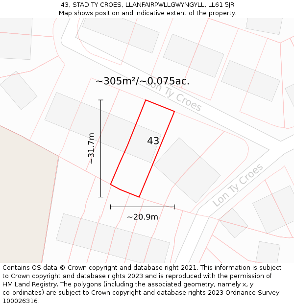 43, STAD TY CROES, LLANFAIRPWLLGWYNGYLL, LL61 5JR: Plot and title map