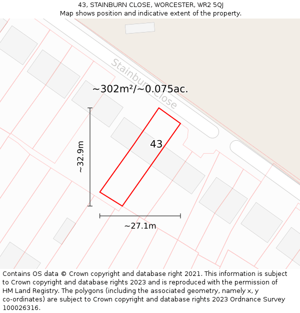 43, STAINBURN CLOSE, WORCESTER, WR2 5QJ: Plot and title map