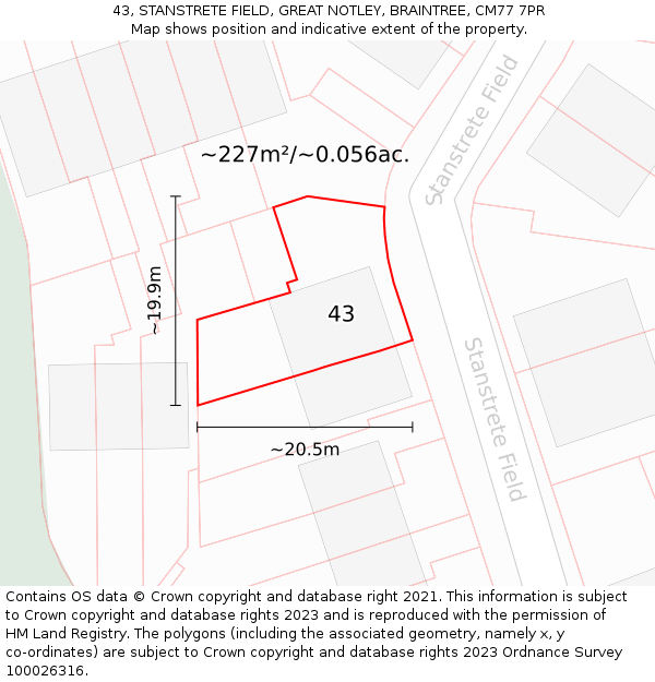 43, STANSTRETE FIELD, GREAT NOTLEY, BRAINTREE, CM77 7PR: Plot and title map