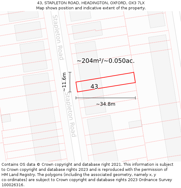 43, STAPLETON ROAD, HEADINGTON, OXFORD, OX3 7LX: Plot and title map