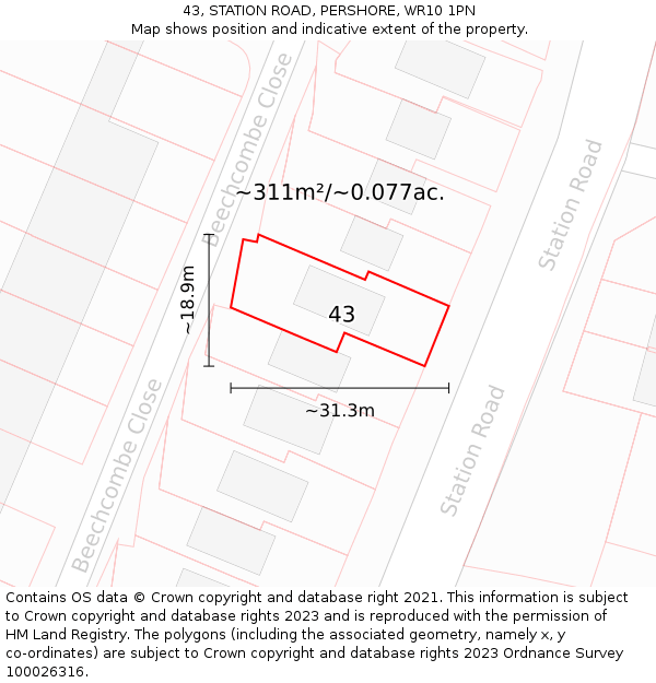 43, STATION ROAD, PERSHORE, WR10 1PN: Plot and title map