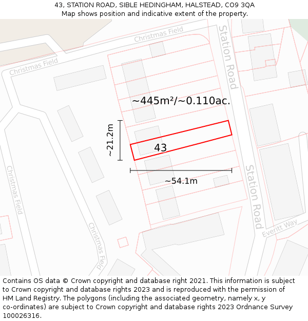 43, STATION ROAD, SIBLE HEDINGHAM, HALSTEAD, CO9 3QA: Plot and title map